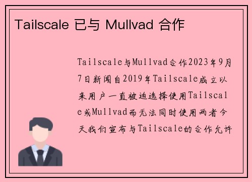 Tailscale 已与 Mullvad 合作 